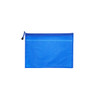 A blue A5 zippered pouch bag with a mesh panel and a drawstring closure. It features a logo.