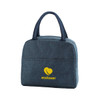 A dark blue cooler lunch bag with a logo featuring a heart and text. It has two handles for easy carrying.