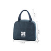 A navy blue cooler lunch bag with handles and a front pocket, featuring a logo on the side.