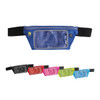 A blue waist bag with a transparent front pocket, accompanied by red, pink, black, and green variations. Features a logo.