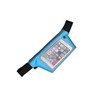 A blue waist bag featuring a clear phone pocket and adjustable straps. It has a logo on the surface.