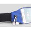 A blue sports waist bag with earphone connectors and a clear phone pocket. Features a black adjustable strap.