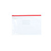 A transparent A4 file bag with a red zipper, suitable for storing documents and other items. Features a logo.