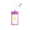 A waterproof phone bag in purple with a neck string and a logo. Ideal for protecting devices from water.