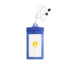A blue waterproof phone bag with a neck string and a logo, designed for protecting devices from water.