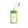 A waterproof phone bag in bright green, featuring a neck string and a logo. Suitable for keeping items dry.