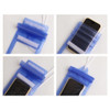A blue waterproof phone bag with a neck string and a clear front, featuring a logo and a secure fastening.