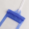 A waterproof phone bag in blue with a neck string, featuring a clear compartment and a logo.