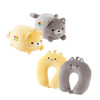 A collection of cat-shaped travel pillows in grey and yellow plush, featuring cute designs and a logo.