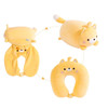 A plush, cat-shaped travel pillow in yellow, designed as a two-in-one product, featuring a cute face and tail.