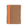 A kraft notebook with an orange accent and a matching ballpoint pen attached, featuring a spiral binding.