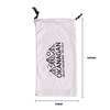 A white sunglasses pouch with a drawstring and logo, measuring 90mm by 180mm.