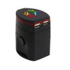 A black travel adapter with light-up features and two USB ports, featuring a multi-directional arrow design.