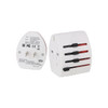 A white travel adapter with multiple plug options and USB ports, featuring an LED indicator and a branded logo.