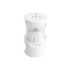 A white universal plug travel adapter with multiple input options and a clear top section. It features a logo.