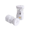 A white universal plug travel adapter, featuring a transparent design, with two adapters positioned beside each other.