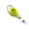 A retractable oval card holder in bright yellow with a clear strap and metal clip. It features a logo.