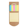 A sticky note and flag set featuring blue, pink, green, and yellow notes on a brown card holder.