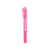 A pink highlighter crayon with a cap and ribbed grip, featuring a branding logo.