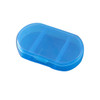 A blue pill box with three compartments, featuring a transparent design. It has a secure clasp for closure.