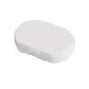 A white pill box with three compartments and a hinged lid, featuring a branding logo.