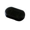 A black, oval pill box featuring three compartments and a secure closure, with a smooth surface.