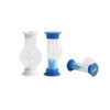 A set of three sand timers in white and blue, featuring a transparent body and coloured sand inside.