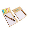 A memo pad with a ballpoint pen in a kraft brown cover, featuring sticky notes in pastel colours.