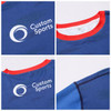 A blue long-sleeved T-shirt with a red collar, featuring a logo on the front and back. Made of polyester and spandex.