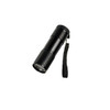 A black portable LED torch with a textured grip and a wrist strap. It includes a branding logo.