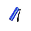A blue portable LED torch with a textured surface and a black wrist strap. It features a logo on the side.