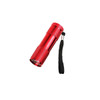 A red portable LED torch with a textured surface and a black strap for easy carrying. It also features a logo.
