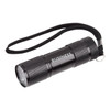 A black portable LED torch with a textured surface and a wrist strap, featuring a logo.