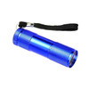 A blue portable LED torch with a textured surface and a black strap for easy carrying. It has a logo on the side.