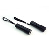 Two black portable LED torches with lanyards, featuring a textured surface and compact design.
