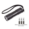 A portable LED torch in black, featuring a textured surface and a wrist strap, with a battery compartment.