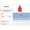A red polyester spandex hoodie designed for sun protection, featuring a hood and a logo. Size chart included.