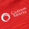 A red polyester spandex hoodie featuring sublimated patterns and a logo on the front.