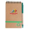 A brown spiral notebook with a green pen attached, featuring a logo on the front and a green elastic band.