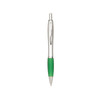 A silver pen with a green grip and a clip. The pen features a logo on its body.