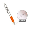 A silver metal pen with an orange grip, featuring a clip and a fine 0.5mm tip. Includes a branding logo.