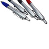 A collection of metal pens in silver, with accents in blue, green, red, and black, featuring a logo on each.