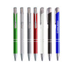 A set of eight aluminium click pens in green, silver, red, black, white, and blue, featuring a logo on one pen.