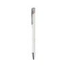 A metallic click pen in white with silver accents, featuring a logo on the clip.