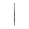 A metallic silver aluminium click pen with a clip and a shiny finish, featuring a logo.