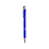 A blue aluminium click pen with a sleek silver trim and a logo on the clip.