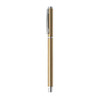 A gold aluminium gel pen with a silver clip and a smooth finish, featuring a logo on the barrel.