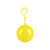 A yellow ball-shaped container with a clasp, designed for holding a rain poncho. It features a shiny surface.