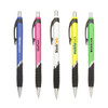 A collection of five coloured barrel ball pens in blue, pink, white, black, and green, featuring various logos.