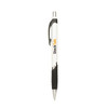 A plastic ballpoint pen with a white barrel, black grip, silver accents, and a logo.